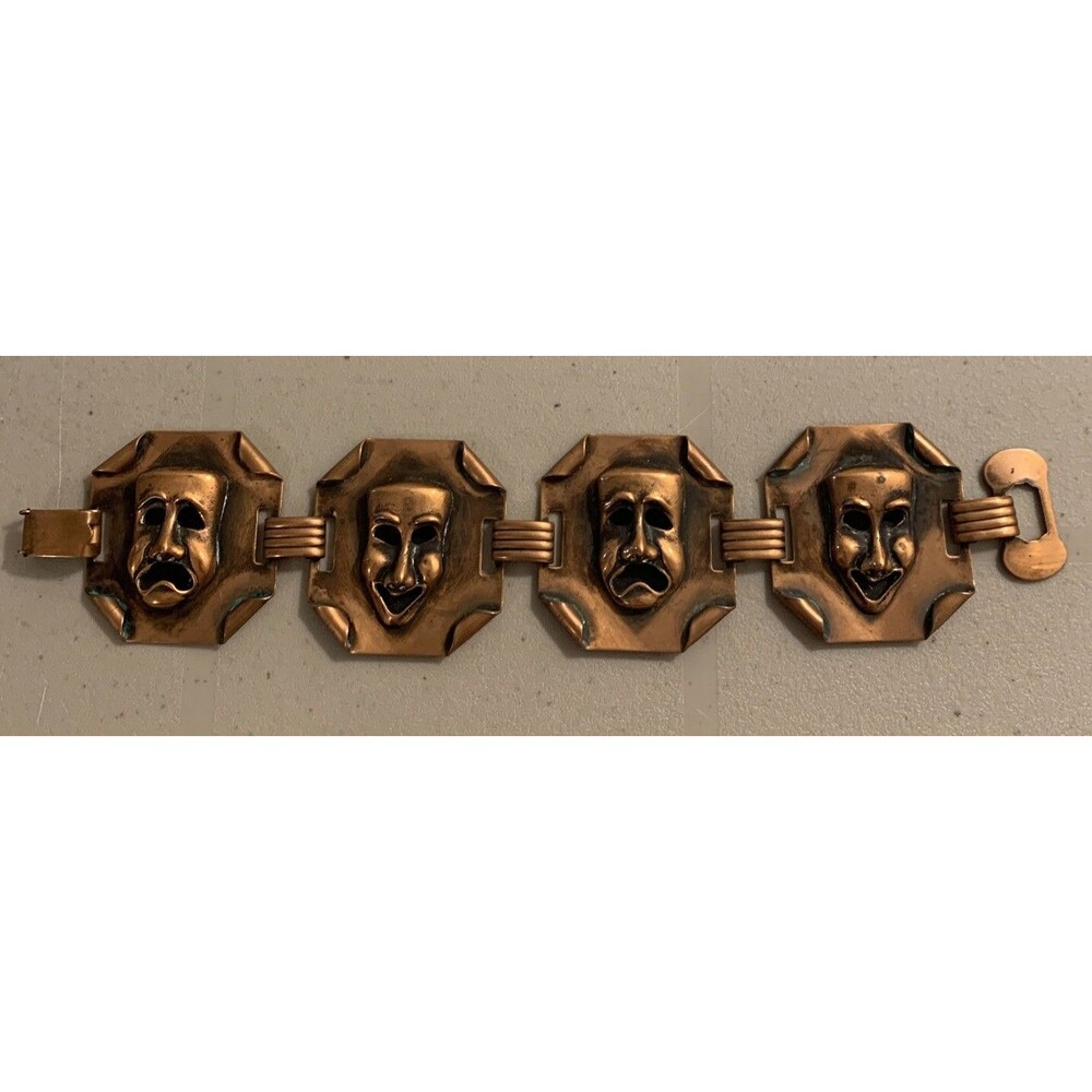 Vintage Comedy Tragedy Mask Bracelet 7.25” Copper Theater Drama Unique
